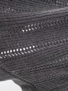 Macro detail of dark grey knit cardigan showing hollow out crochet and ribbed texture