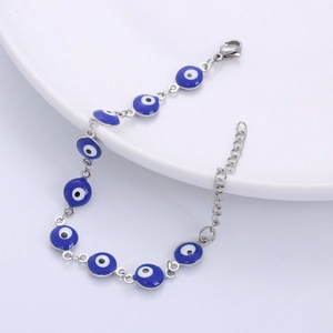 Silver stainless steel Evil Eye bracelet with blue and white enamel charms for women