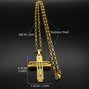 Collier croix hip hop doré en acier inoxydable avec chaîne de 60 cm et dimensions