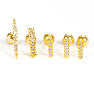 Five-piece set of gold plated stainless steel bar stud earrings with zircon crystals