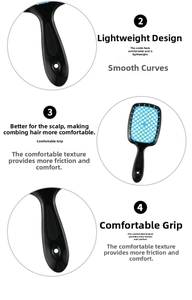 Detail of ergonomic handle and hollow grid design on the blue massaging hairbrush