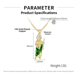 Detailed view of 14K gold-plated copper Saint Jude pendant with 36x13mm dimensions