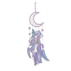 Pink crescent dreamcatcher with colorful feathers and plush balls for room decoration
