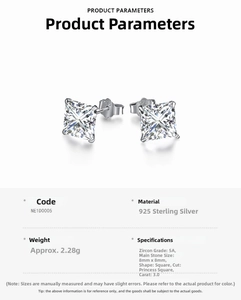 Detail of 925 sterling silver stud earrings with 8mm princess cut 5A cubic zirconia stones