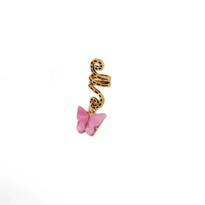 Ethnic style golden spiral hair ring featuring a translucent pink resin butterfly pendant