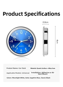 Detailed view of 40mm alloy car clock showing 0.8cm thickness and blue dial quartz surface