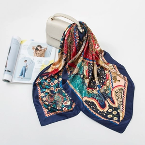 90cm large satin square scarf with colorful baroque pattern draped on a handbag