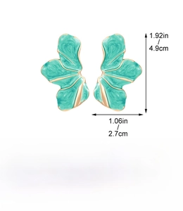 Detailed view of floral enamel earrings with 4.9cm x 2.7cm size and weight specs