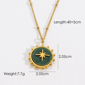 Detail of bohemian gold starburst necklace showing length 40+5cm and 2.05cm green pendant