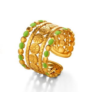 Vintage gold-plated stainless steel tiered ring with green enamel and floral relief details