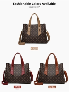 Layout a tre griglie di borse tote nei colori kaki, bordeaux e caffè con motivi geometrici