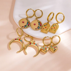 14K gold-plated stainless steel earrings with colorful crystal heart and moon pendants