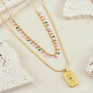 French vintage double-layered gold sun pendant necklace with colorful enamel beads