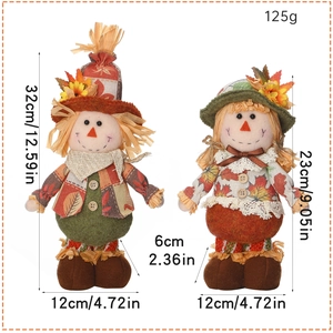 Front view of autumn harvest scarecrow dolls with sunflower decor and detailed dimensions