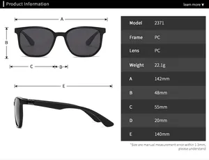 Detailed size specifications for model 2371 sunglasses with PC frame and lens dimensions