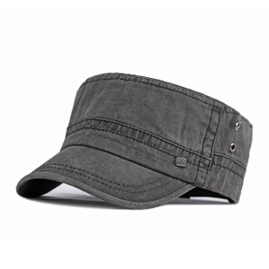 Detail view of washed dark grey cotton cadet hat with metal eyelets and textured canvas