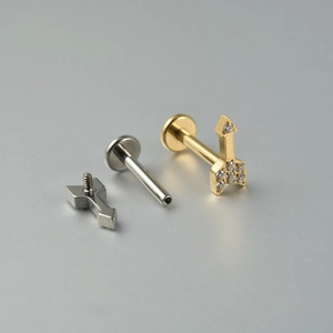 F136 titanium threaded labret stud earrings with arrow shape and cubic zirconia