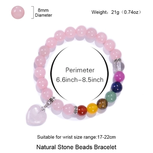 8mm rose quartz chakra beaded bracelet with heart pendant and multicolor natural stones
