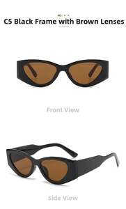 Detailed front and side views of chunky cat eye sunglasses with black frames and brown lenses