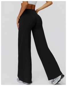 Detail showing the high-waisted fit and lifting effect of black yoga wide-leg trousers