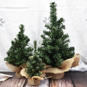 Artificial Green Christmas Tree Desktop Ornament With Burlap Base For Holiday Party Table Decoration Rustic Natural Style