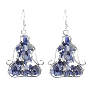 Detail of handmade wire-wrapped crystal earrings featuring natural blue stone chips
