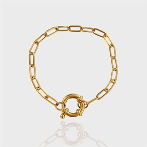 Macro shot of gold vacuum-plated stainless steel link chain with large spring clasp