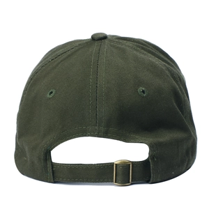 Olive green cotton baseball hat with US flag embroidery and adjustable bronze metal buckle