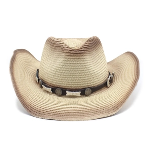 Men's western straw cowboy hat in tan with gradient brim and star leather band