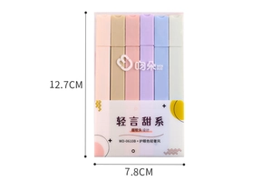 Detail view of 6-pack Morandi soft tip highlighters in transparent case with dimensions