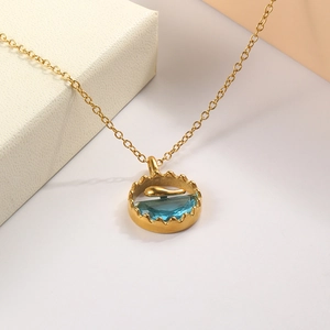 Ozean Walflosse Anhänger Halskette 18K Vergoldet 316L Edelstahl Blau Glas Rund Minimalistischer Schmuck Für Damen