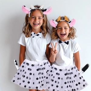 Kids cow costume set with plush ears headband, bowtie, tail, and polka dot tutu skirt