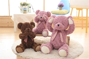 Three plush teddy bears in see-no-evil poses with curly rose-textured faux fur