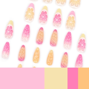 Faux ongles 3D aux motifs de citron et pamplemousse, forme amande de style français