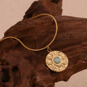 Stainless Steel 18K Gold Plated Amazonite Eye Coin Pendant Necklace Hammered Texture Snake Chain Jewelry For Women