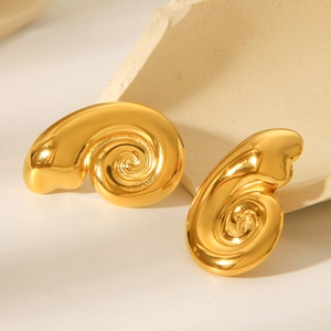 Golden spiral conch stud earrings in minimalist stainless steel for a beach-inspired look