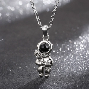 Spaceman Astronaut Pendant Necklace Stainless Steel Jewelry With Alloy Rose And Hug Me Sign For Couples Men Women