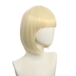 Short blonde bob wig with bangs for women, smooth heat resistant synthetic fiber hair