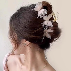 Butterfly Hair Claw Clip Acrylic Organza Mesh Wings Faux Artificial Pearl Tassel Rhinestone Large Elegant Fairy Headpiece