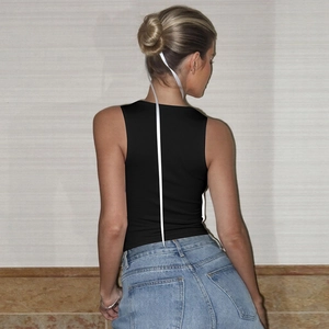 Rear view of a slim-fit black sleeveless vest showing ribbed texture and racerback style