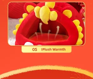 Close-up of plush lion dance themed pet bed showing warm and breathable fabric texture