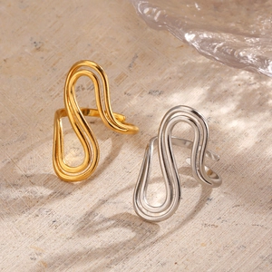 Exaggerated double-layered wave open rings in gold and silver finish stainless steel