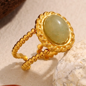 Vintage 18K gold plated stainless steel double layer ring with oval green aventurine stone
