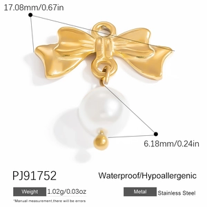 Detailed specs of stainless steel gold bow pendant with pearl showing dimensions and weight