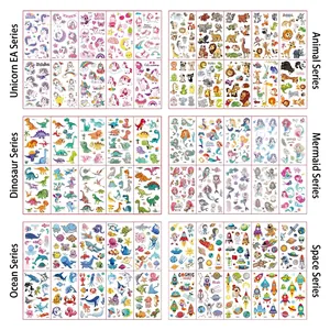 Waterproof cartoon temporary tattoos for kids with unicorn, dinosaur and space designs