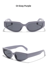 Detailed views of grey-purple Y2K cat-eye sunglasses with thick frames and dark lenses
