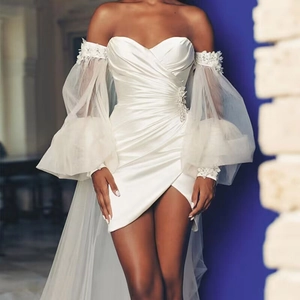 Short Wedding Dress Strapless Ruched Satin Mesh Bubble Sleeves Lace Appliques Long Train Cocktail Party Gown