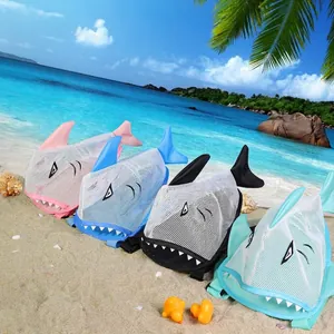 Cartoon shark mesh beach bag for kids with breathable storage and 3D fin details