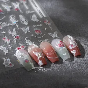 Detailed 5D embossed nail stickers featuring red roses and white butterfly designs