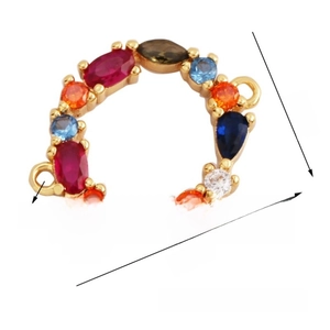 Macro detail of round gold-plated copper connector with colorful zircon stones and dimensions